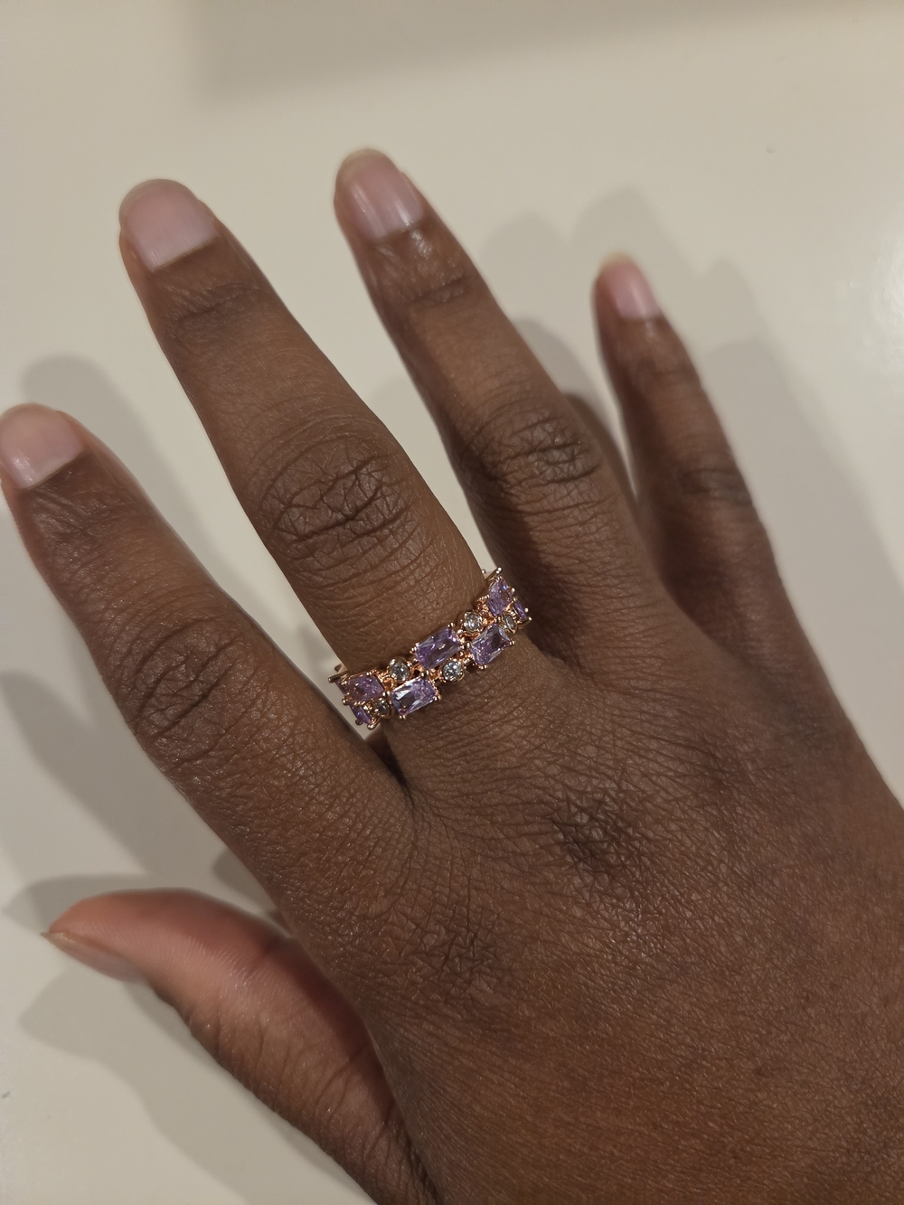 Rose Gold Purple Stone Band Ring - Elegant Amethyst Look